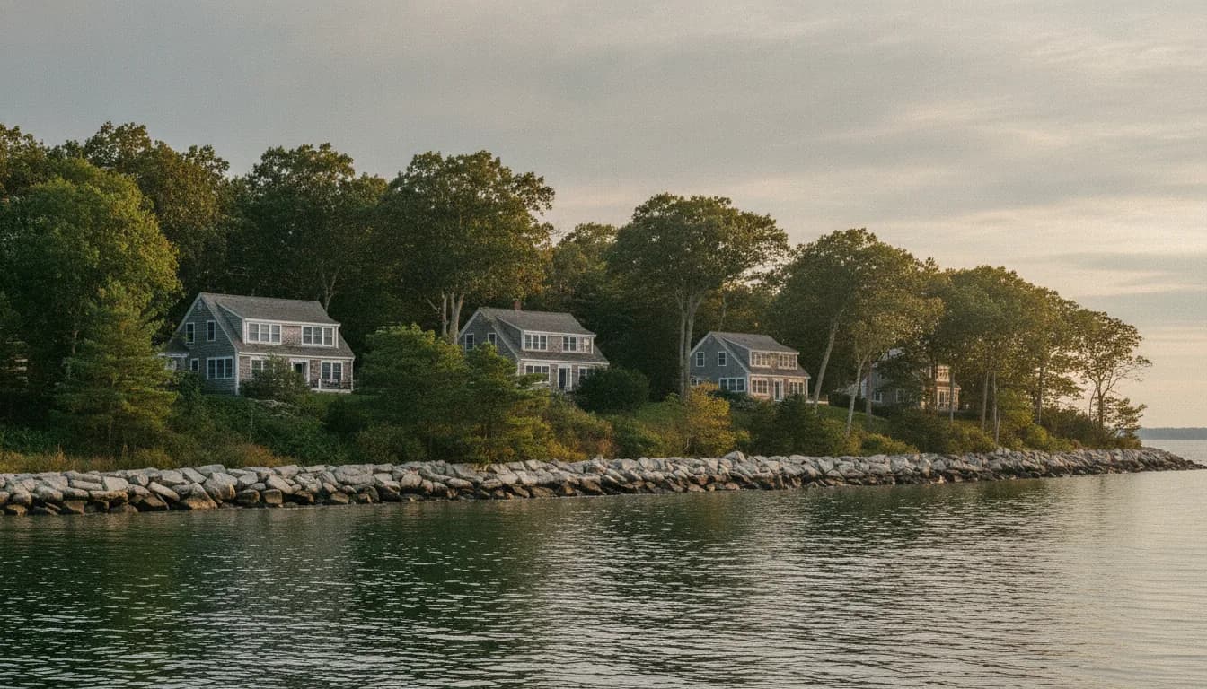 Gramado e arbustos em uma casa perto de Buzzards Bay, em Bourne, MA