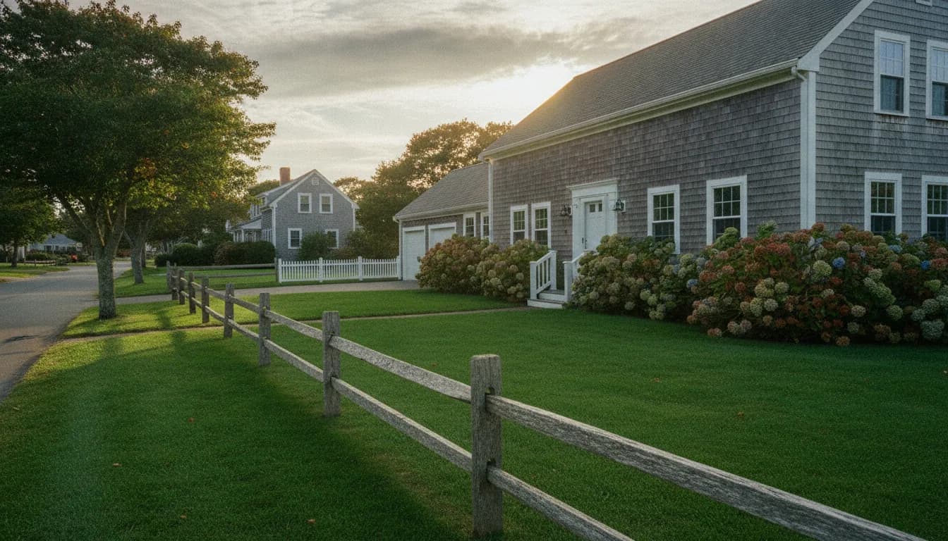 Jardim da frente com arbustos aparados em uma casa em Yarmouth, MA