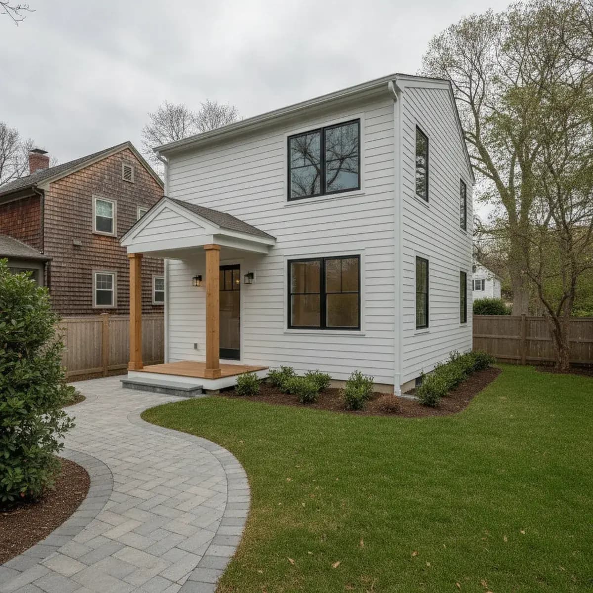 Paver patio and walkway in a landscaped Cape Cod backyard